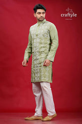 Swamp green white thread hand embroidered kantha men’s kurta embroidered green kurta pajama set 3