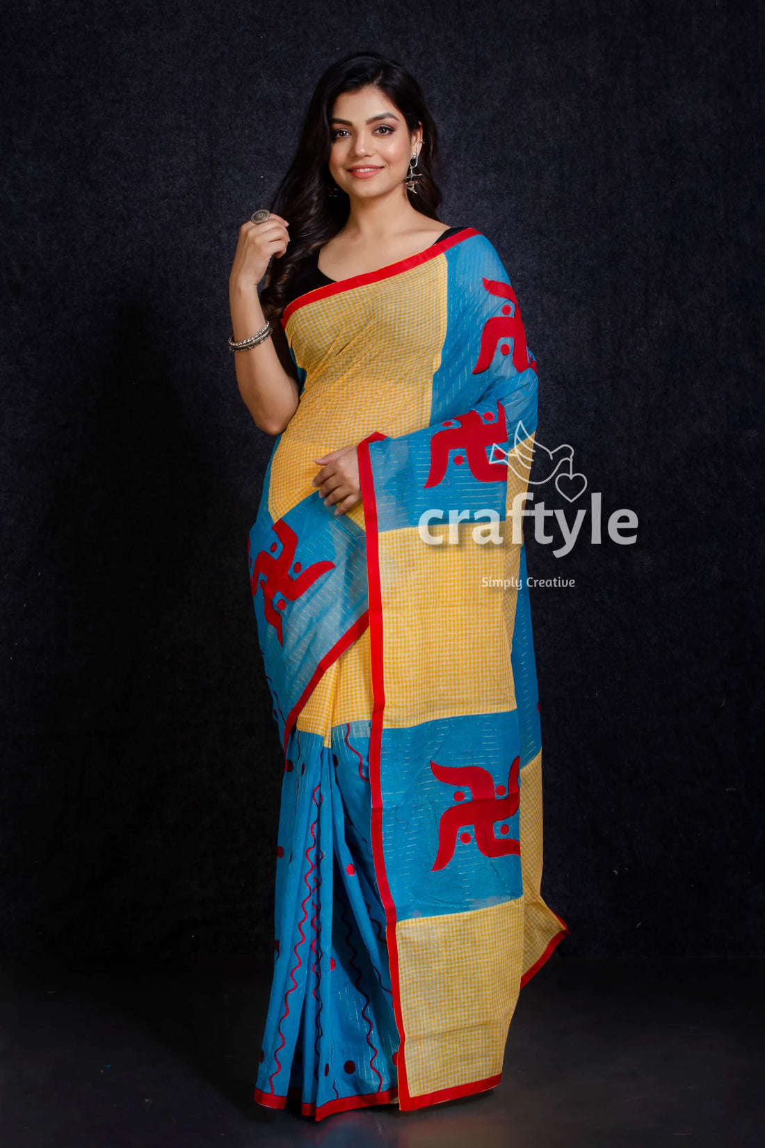 Swastik design applique work pure cotton saree woman blue yellow 2