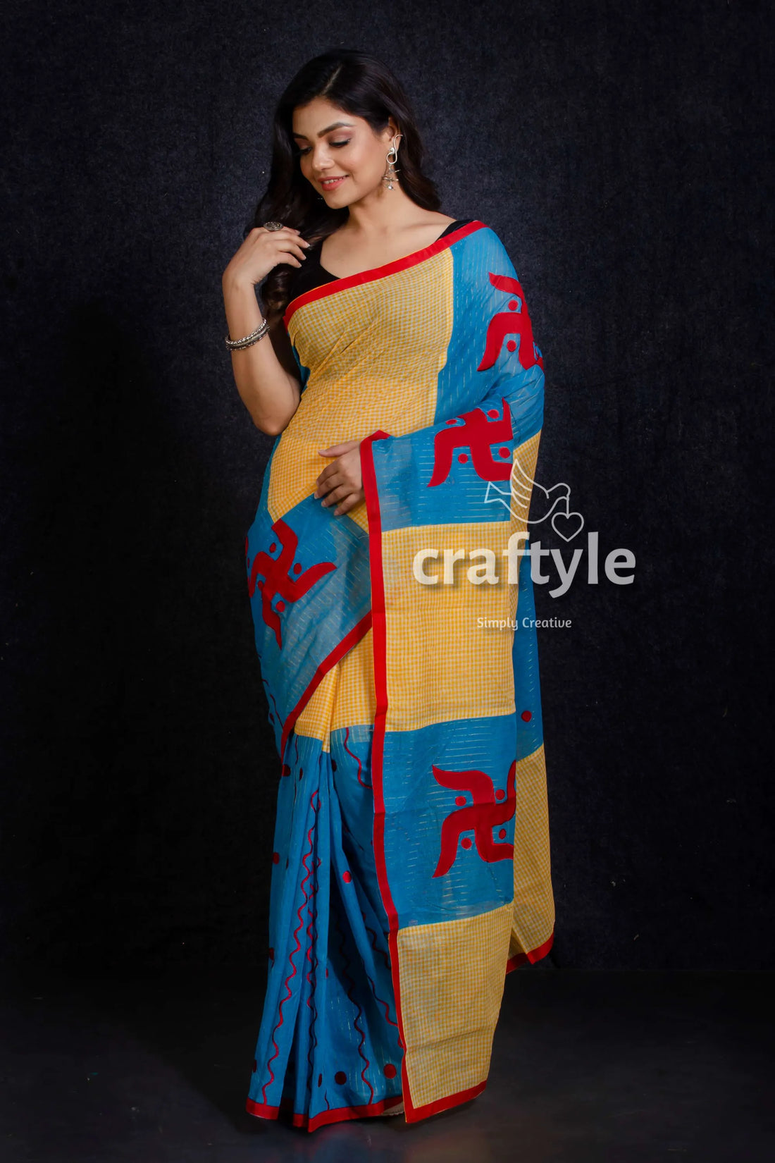 Swastik design applique work pure cotton saree woman blue yellow 1