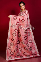 Sweet pink handmade batik mulberry pure silk saree pink floral batik saree 2