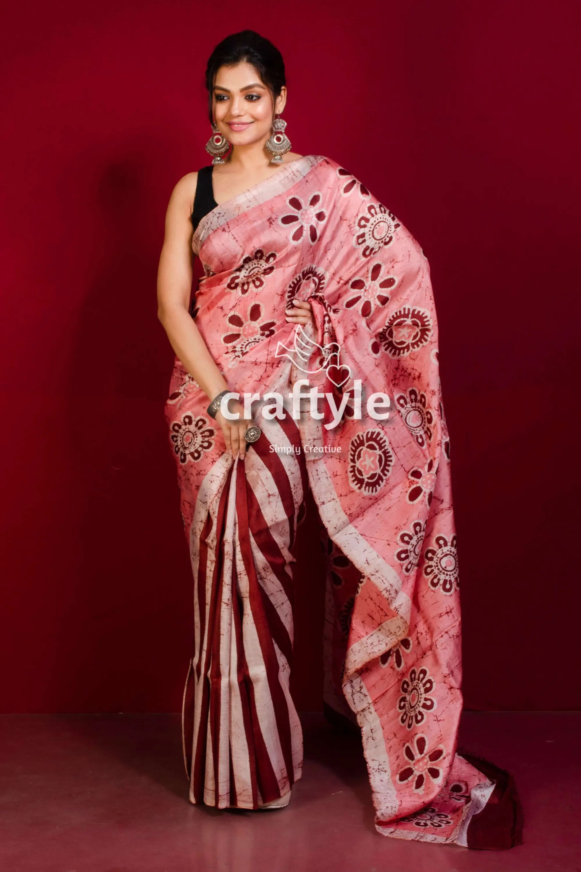 Sweet pink handmade batik mulberry pure silk saree pink batik saree floral patterns 4