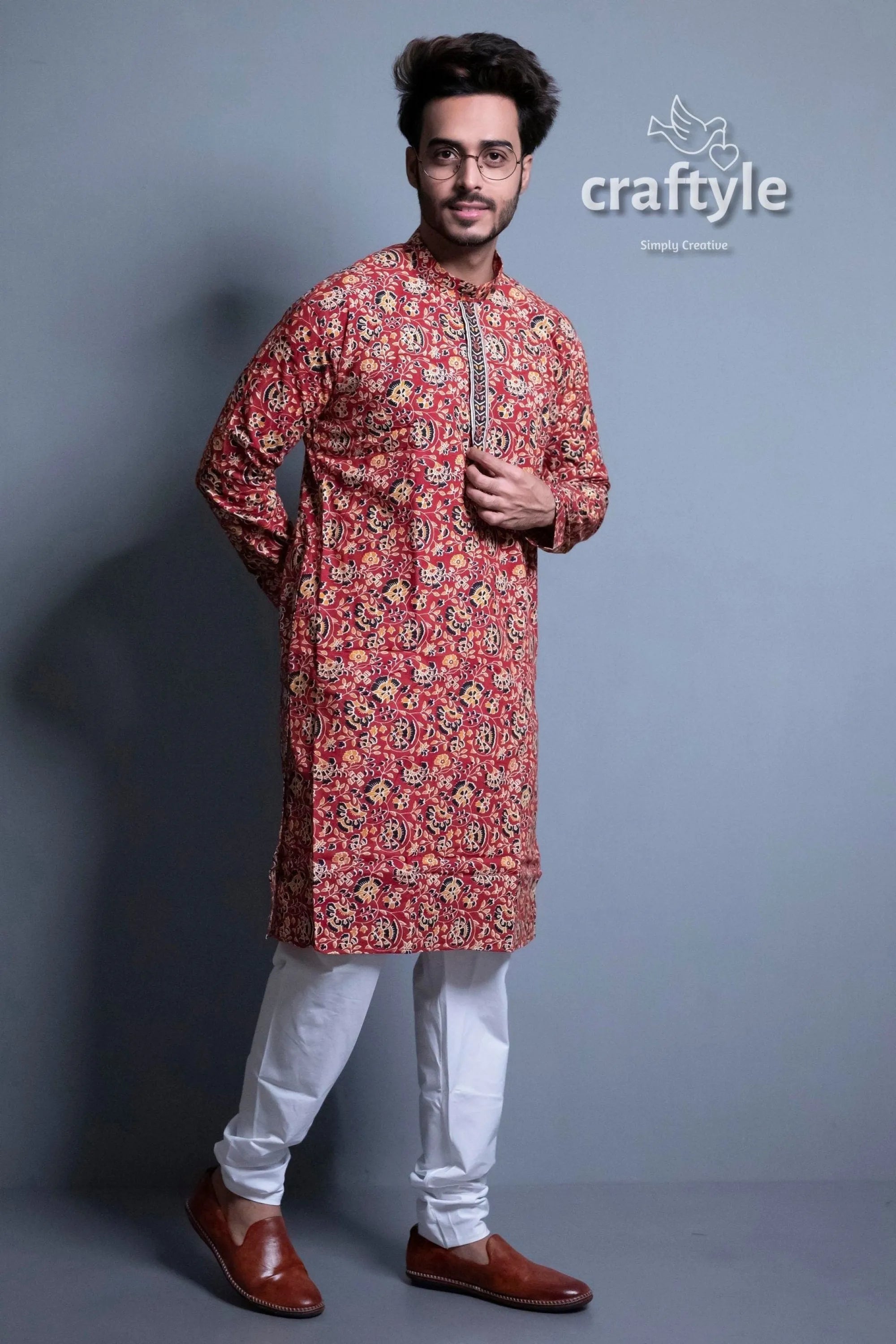 Syrup brown kalamkari mens kurta pajama floral print kurta white pants 3