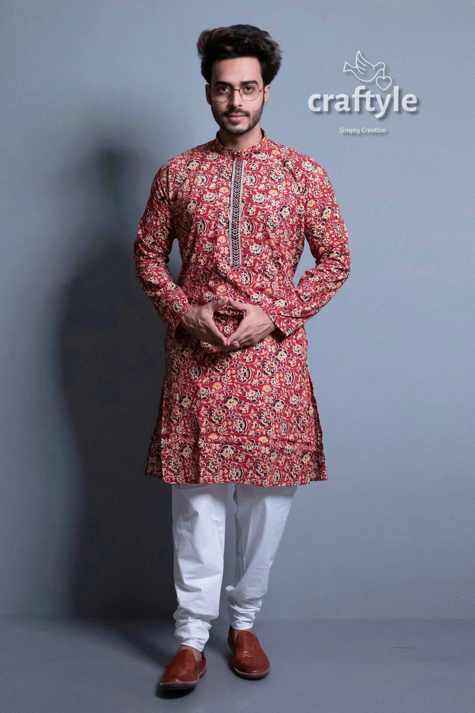 Syrup brown kalamkari mens kurta pajama man red floral kurta white 4