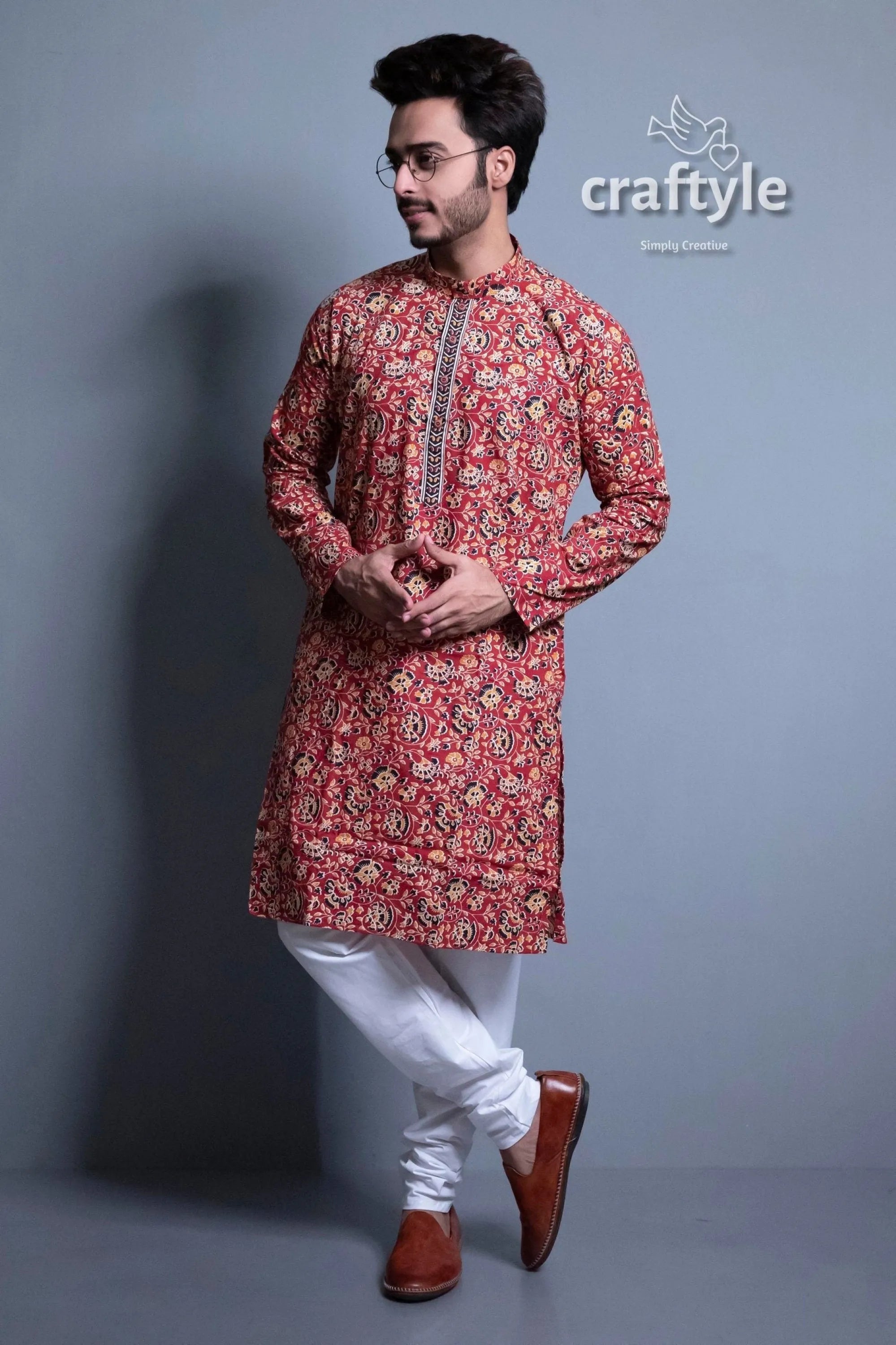 Syrup brown kalamkari mens kurta pajama floral-patterned kurta white pants brown 1