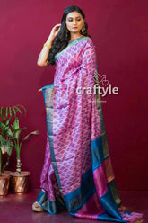 Taffy pink block printed zari border pure tussar silk saree pink patterned saree blue border 1