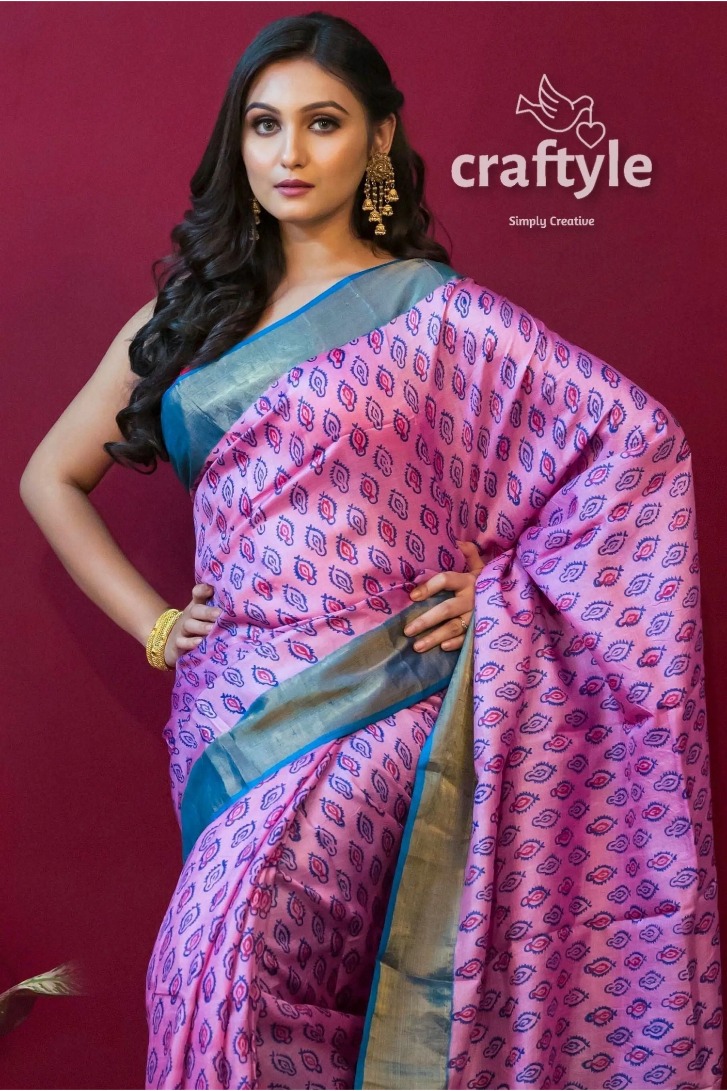 Taffy pink block printed zari border pure tussar silk saree pink patterned saree blue border 2