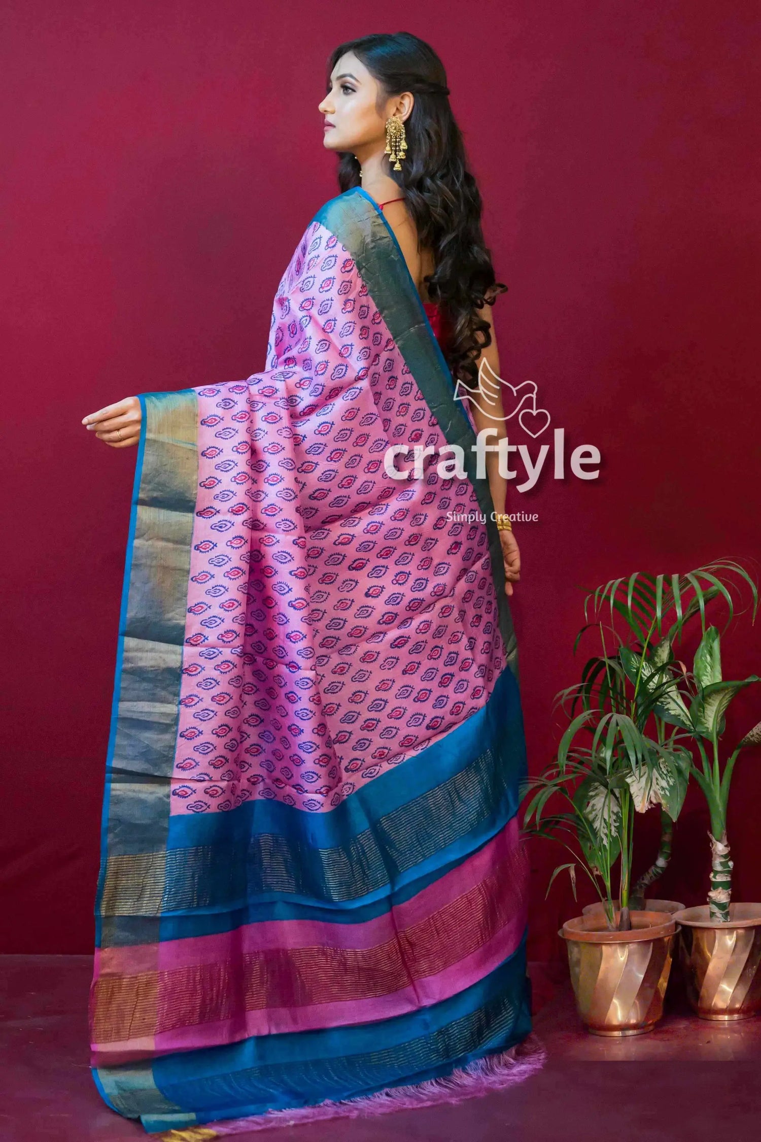 Taffy pink block printed zari border pure tussar silk saree pink patterned saree blue gold 4