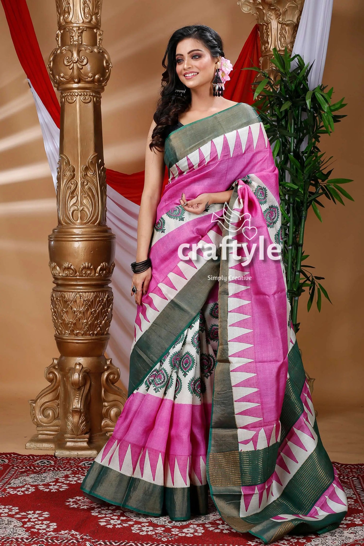 Taffy pink hand block printed zari pure tussar silk bishnupuri sarees pink white patterned saree 1