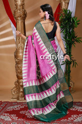 Taffy pink hand block printed zari pure tussar silk bishnupuri sarees pink green patterned saree 4