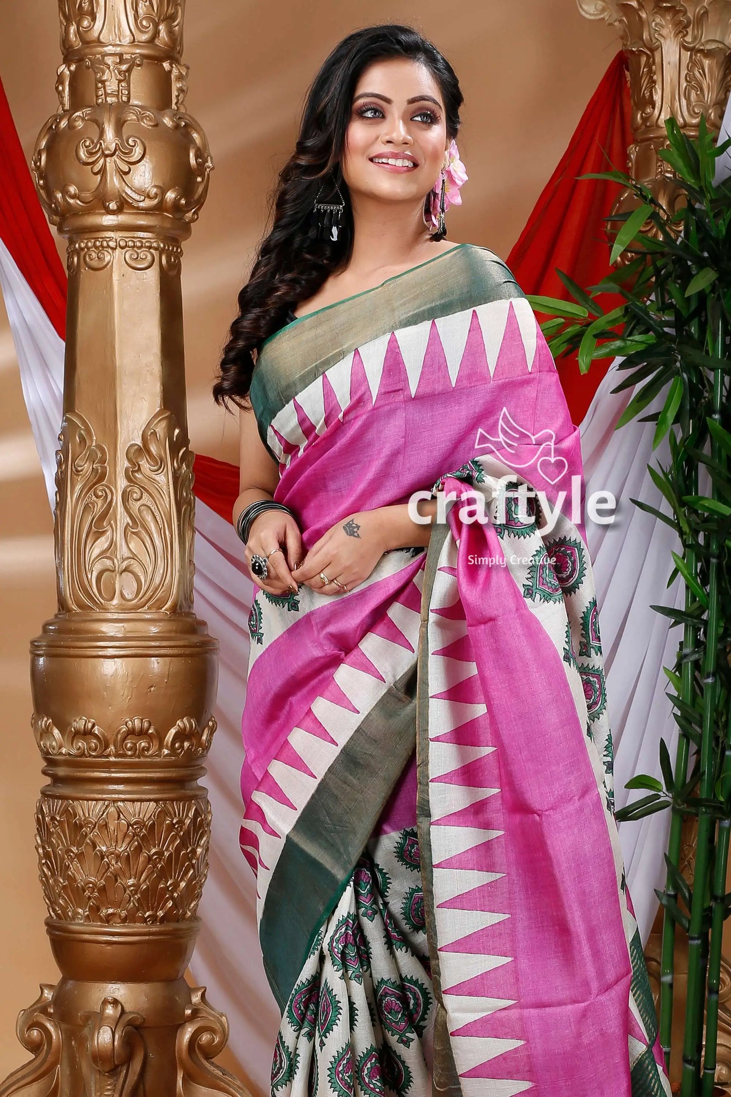 Taffy pink hand block printed zari pure tussar silk bishnupuri sarees pink white patterned saree 2