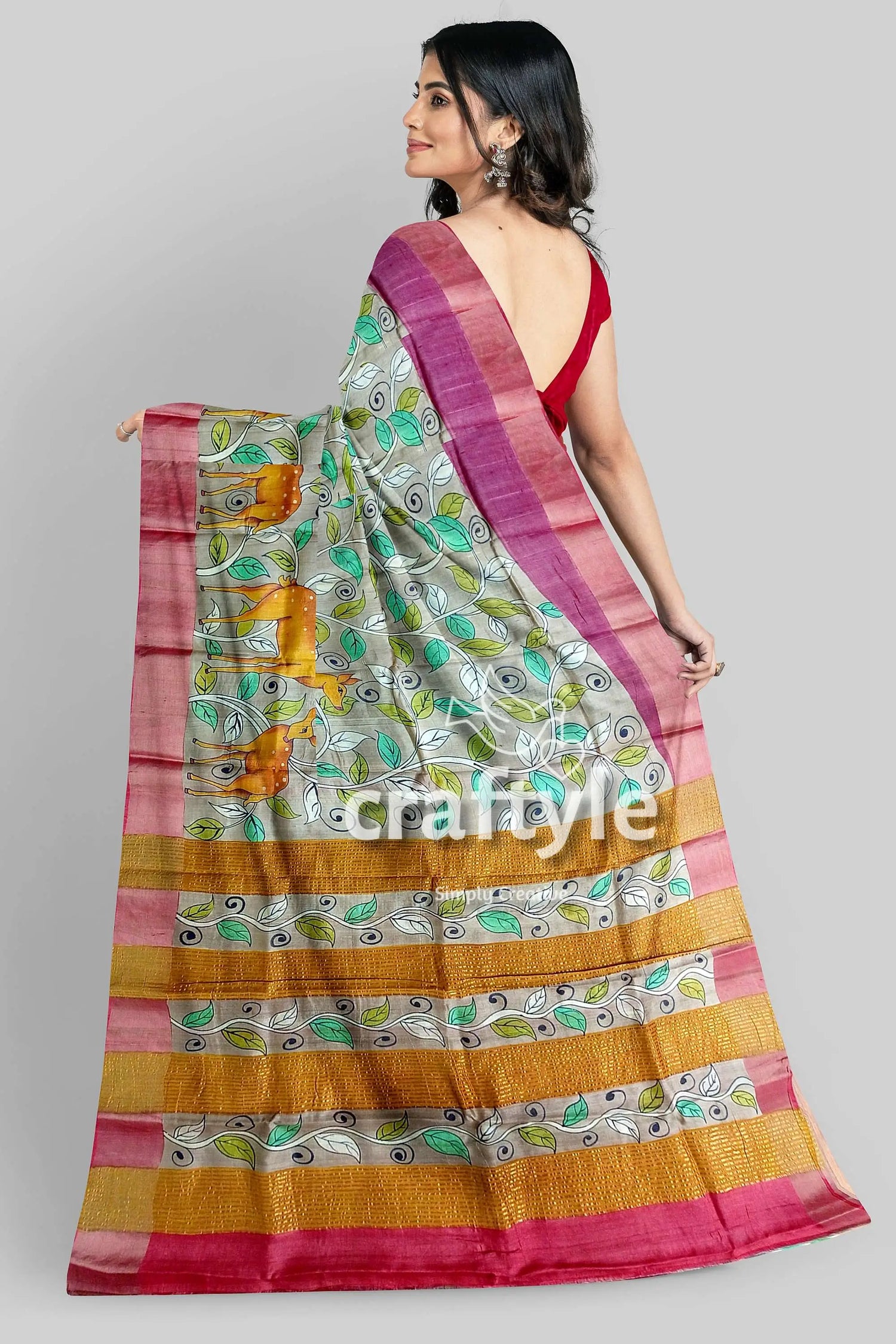 Tan color authentic hand painted kalamkari zari border pure tussar silk saree woman colorful saree 6