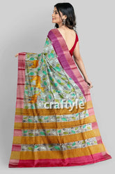 Tan color authentic hand painted kalamkari zari border pure tussar silk saree woman colorful saree 6