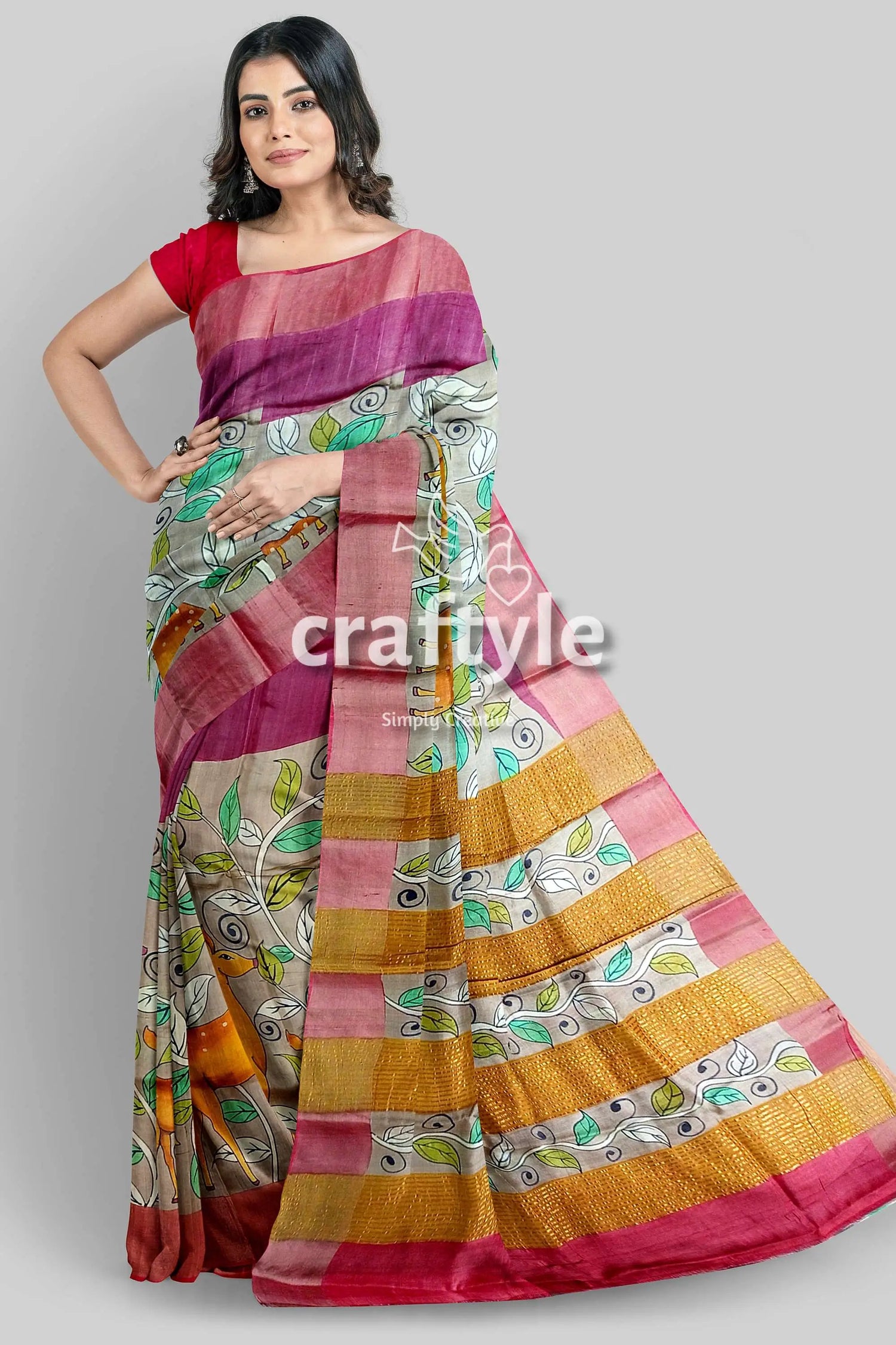 Tan color authentic hand painted kalamkari zari border pure tussar silk saree woman colorful saree 1