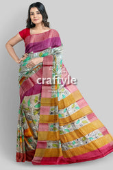 Tan color authentic hand painted kalamkari zari border pure tussar silk saree woman colorful saree 1