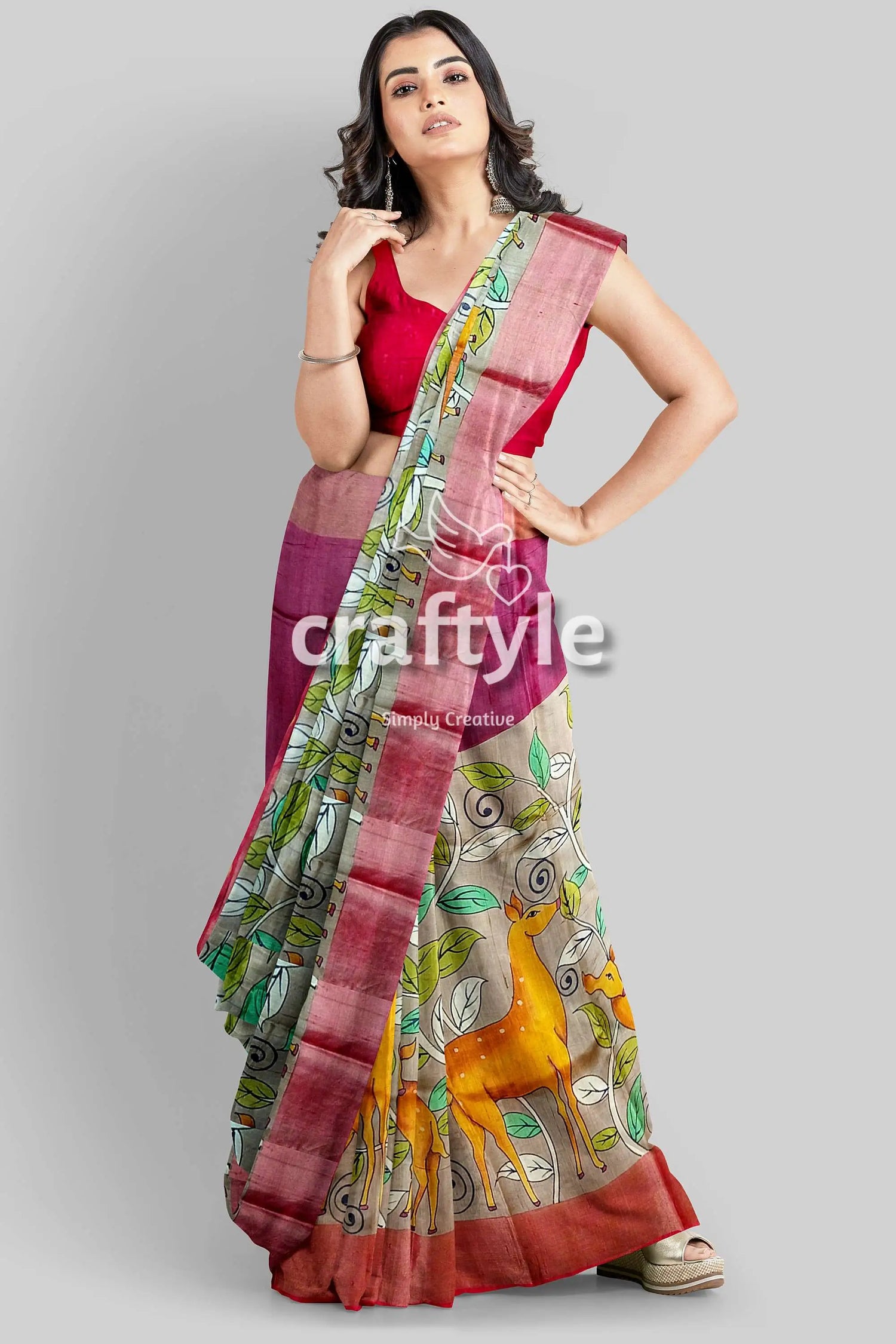 Tan color authentic hand painted kalamkari zari border pure tussar silk saree woman maroon gray saree deer 5