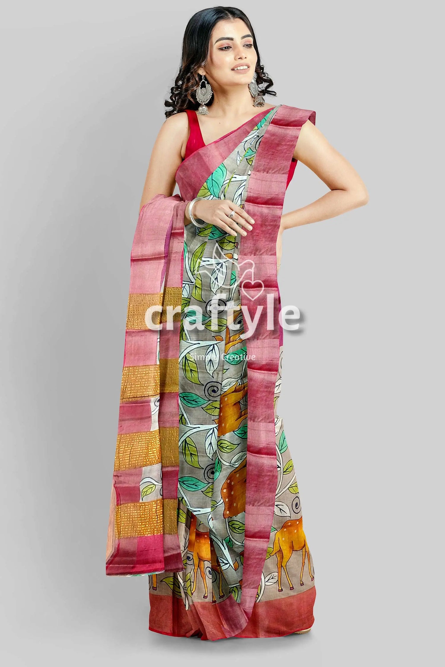 Tan color authentic hand painted kalamkari zari border pure tussar silk saree woman patterned saree 3