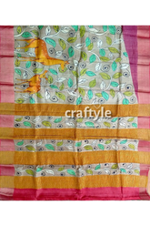 Tan color authentic hand painted kalamkari zari border pure tussar silk saree hand-painted saree leaf animal motifs 7