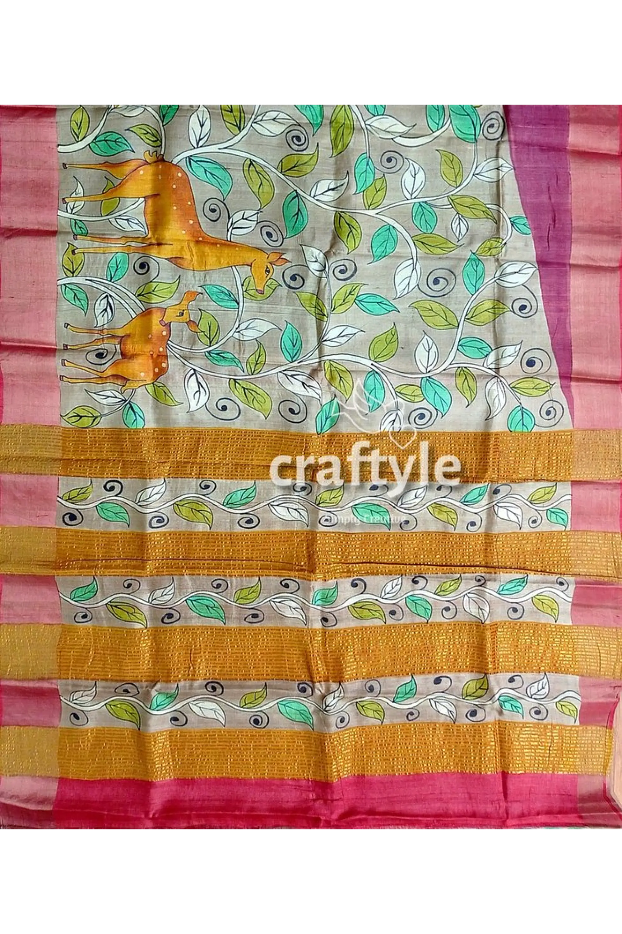 Tan color authentic hand painted kalamkari zari border pure tussar silk saree hand-painted saree leaf animal motifs 7