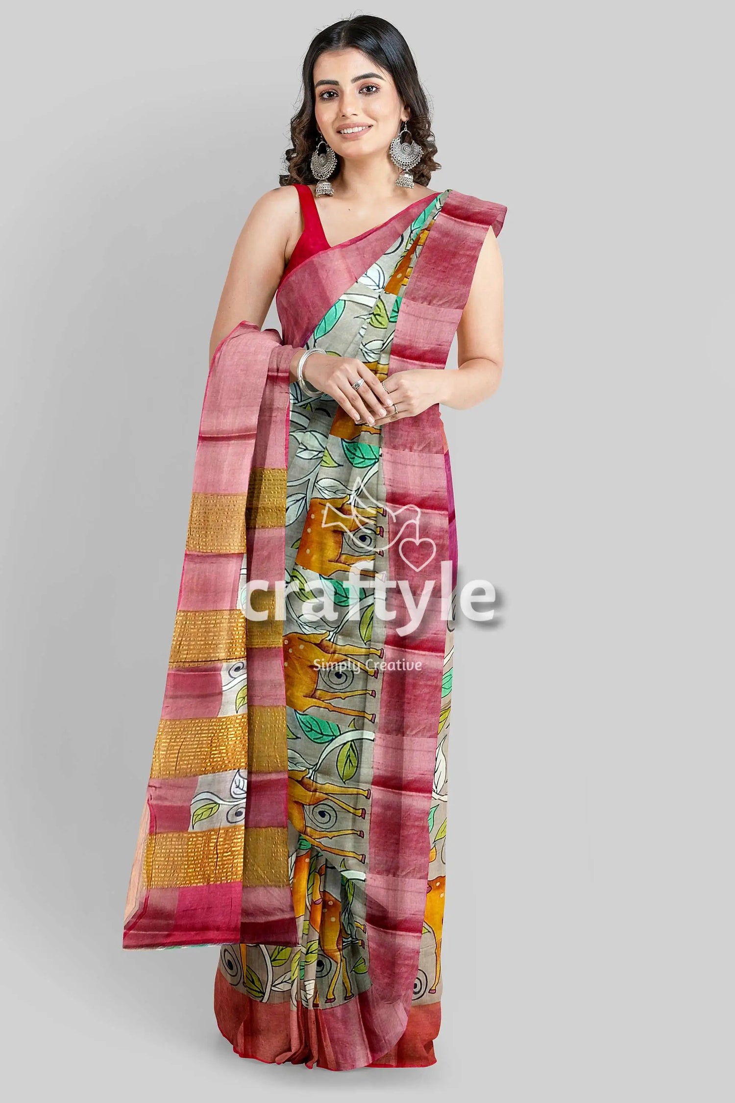 Tan color authentic hand painted kalamkari zari border pure tussar silk saree woman pink gold saree 4