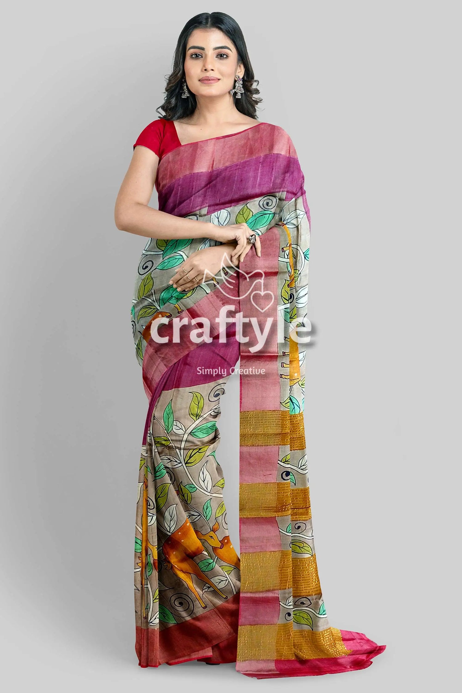 Tan color authentic hand painted kalamkari zari border pure tussar silk saree woman colorful saree 2