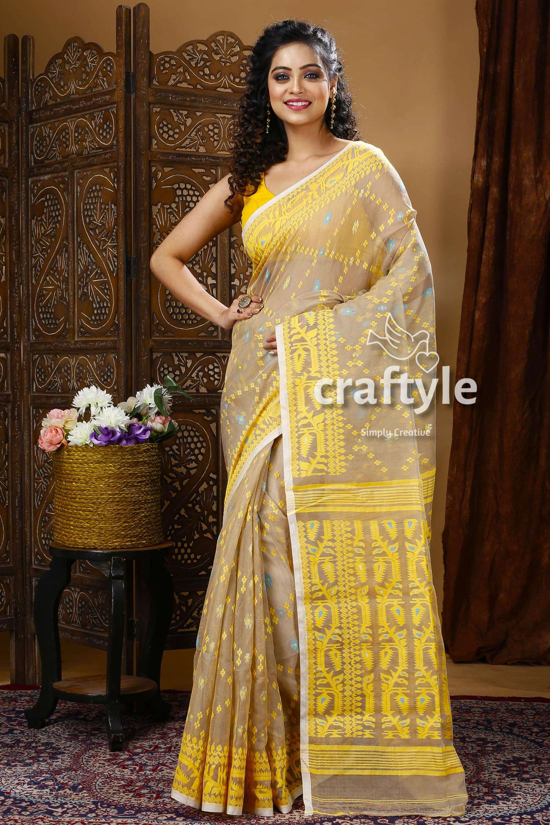 Tan Yellow Soft Jamdani Weave Saree - Craftyle