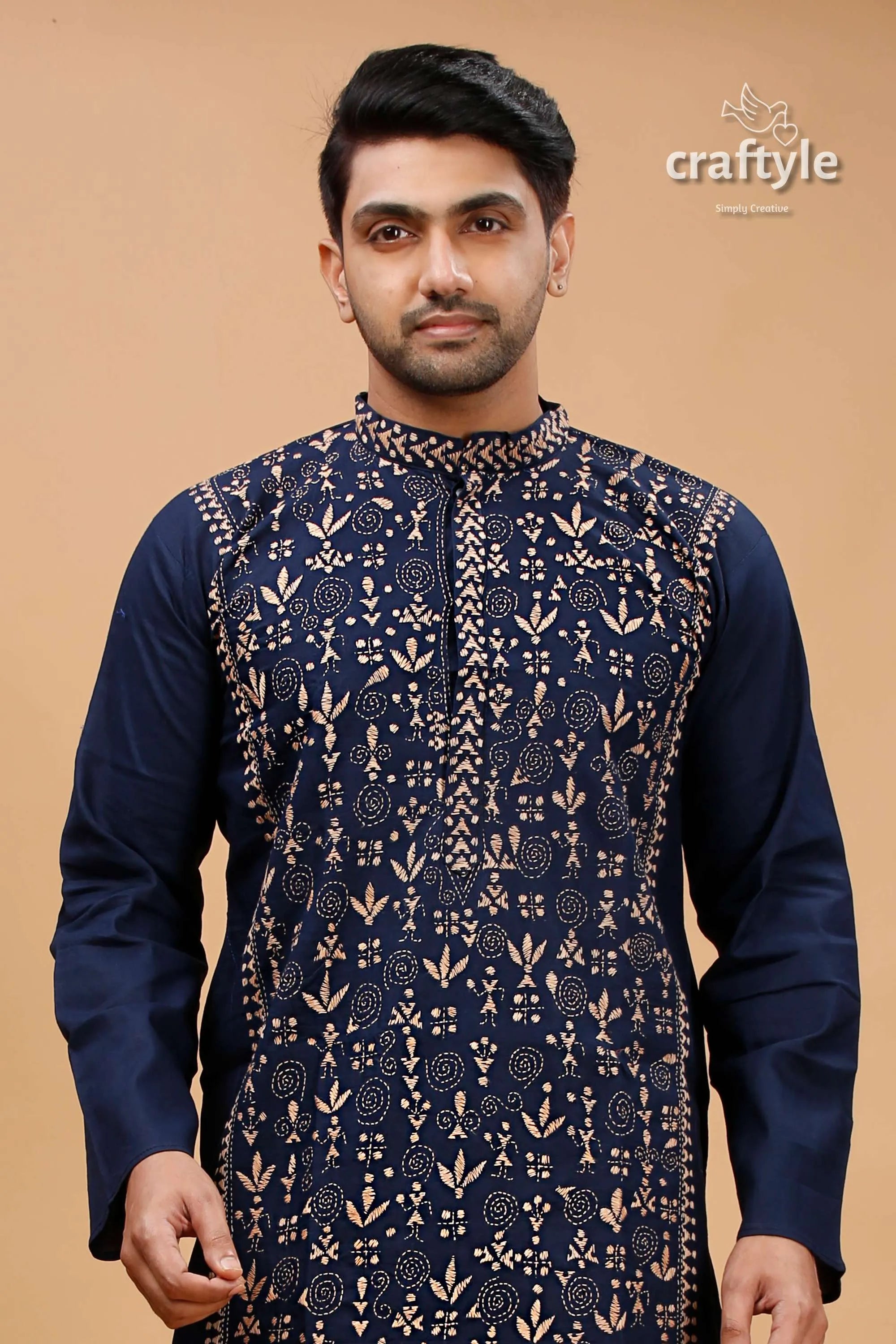 Tangaroa blue beige warli work kantha cotton panjabi for men navy embroidered kurta intricate 2