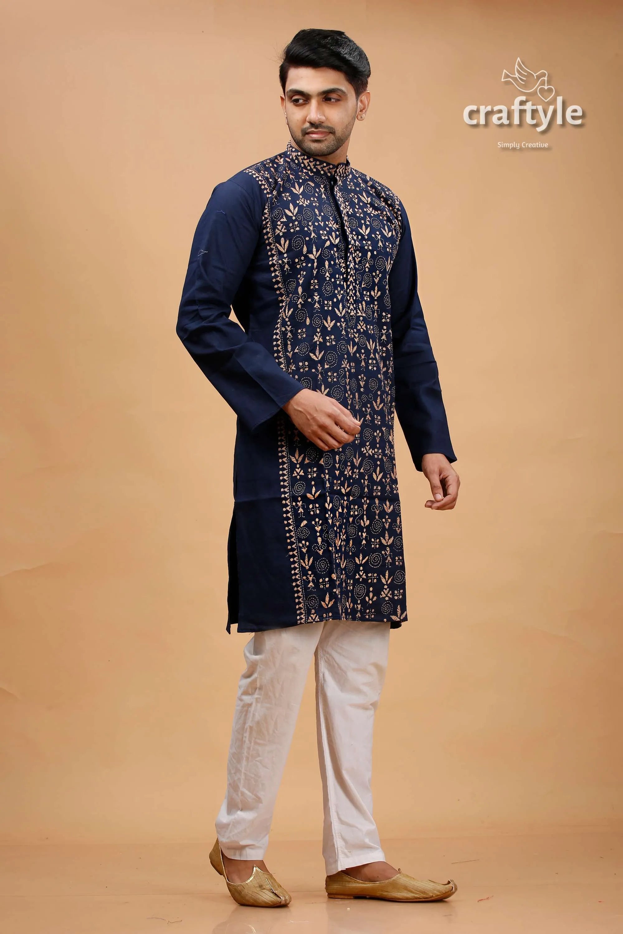 Tangaroa blue beige warli work kantha cotton panjabi for men navy embroidered kurta intricate 4