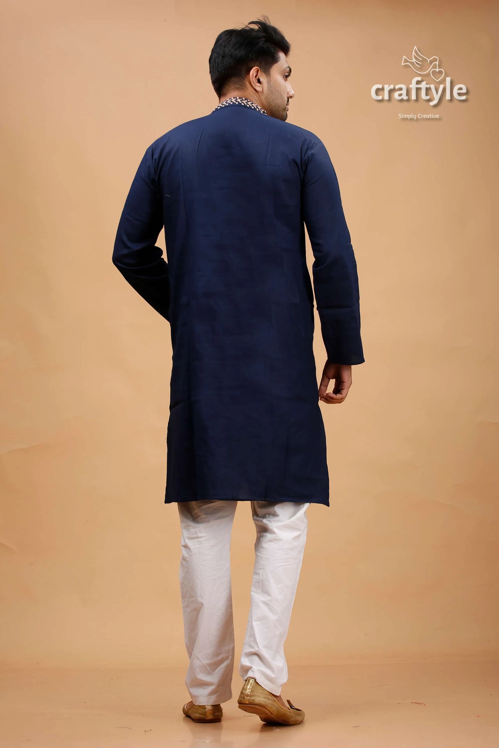 Tangaroa blue beige warli work kantha cotton panjabi for men navy kurta subtle 5
