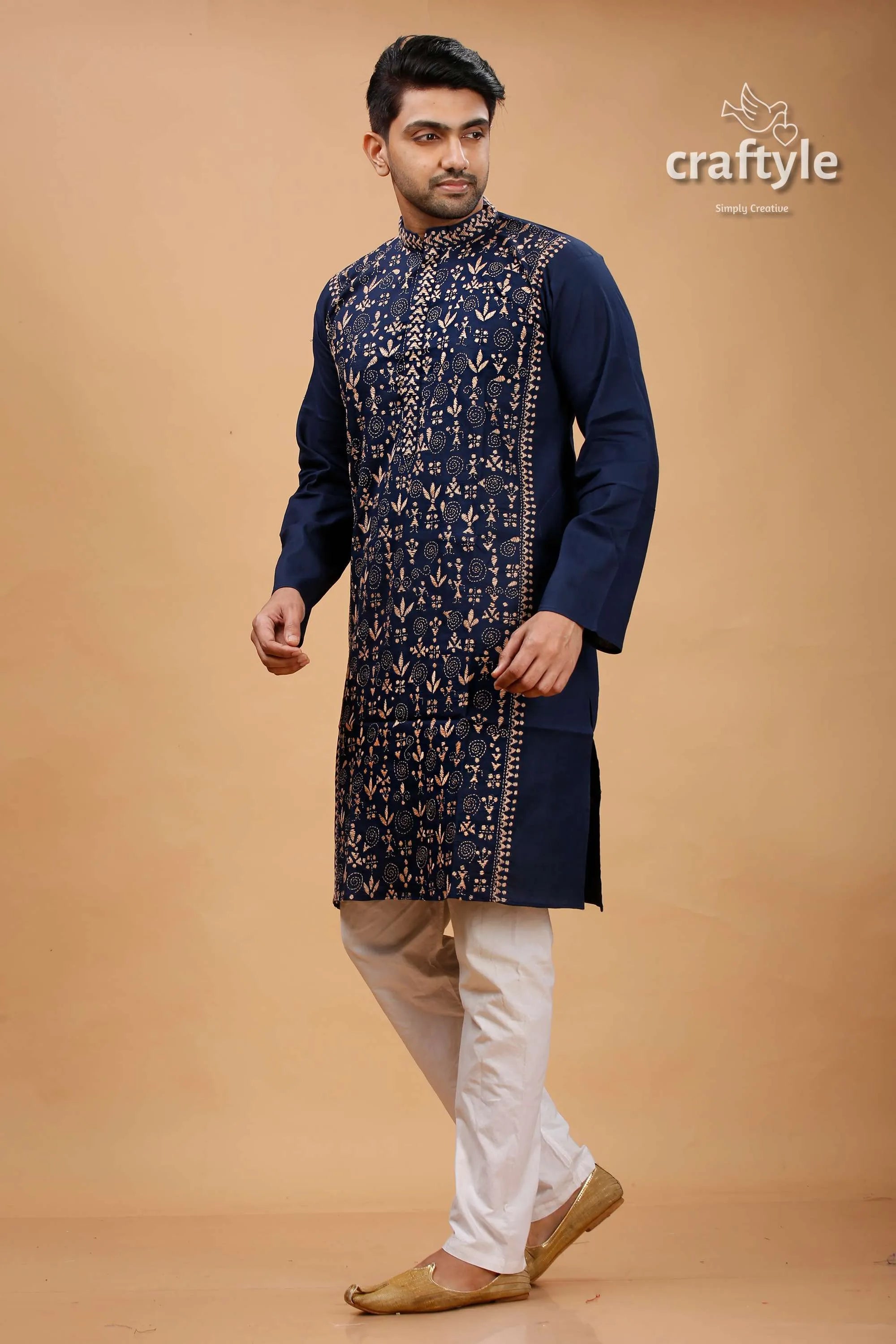 Tangaroa blue beige warli work kantha cotton panjabi for men navy embroidered kurta intricate 3