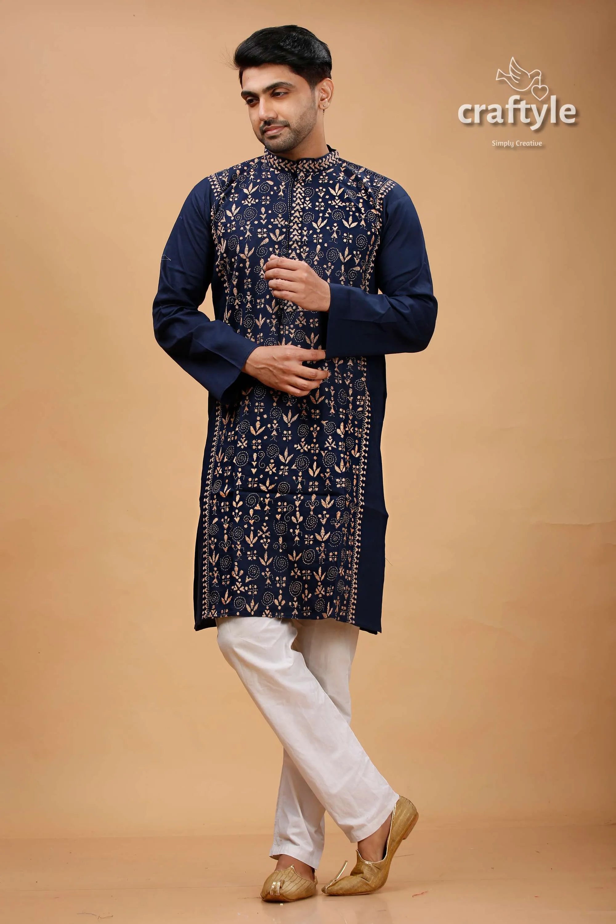 Tangaroa blue beige warli work kantha cotton panjabi for men navy embroidered kurta intricate 1