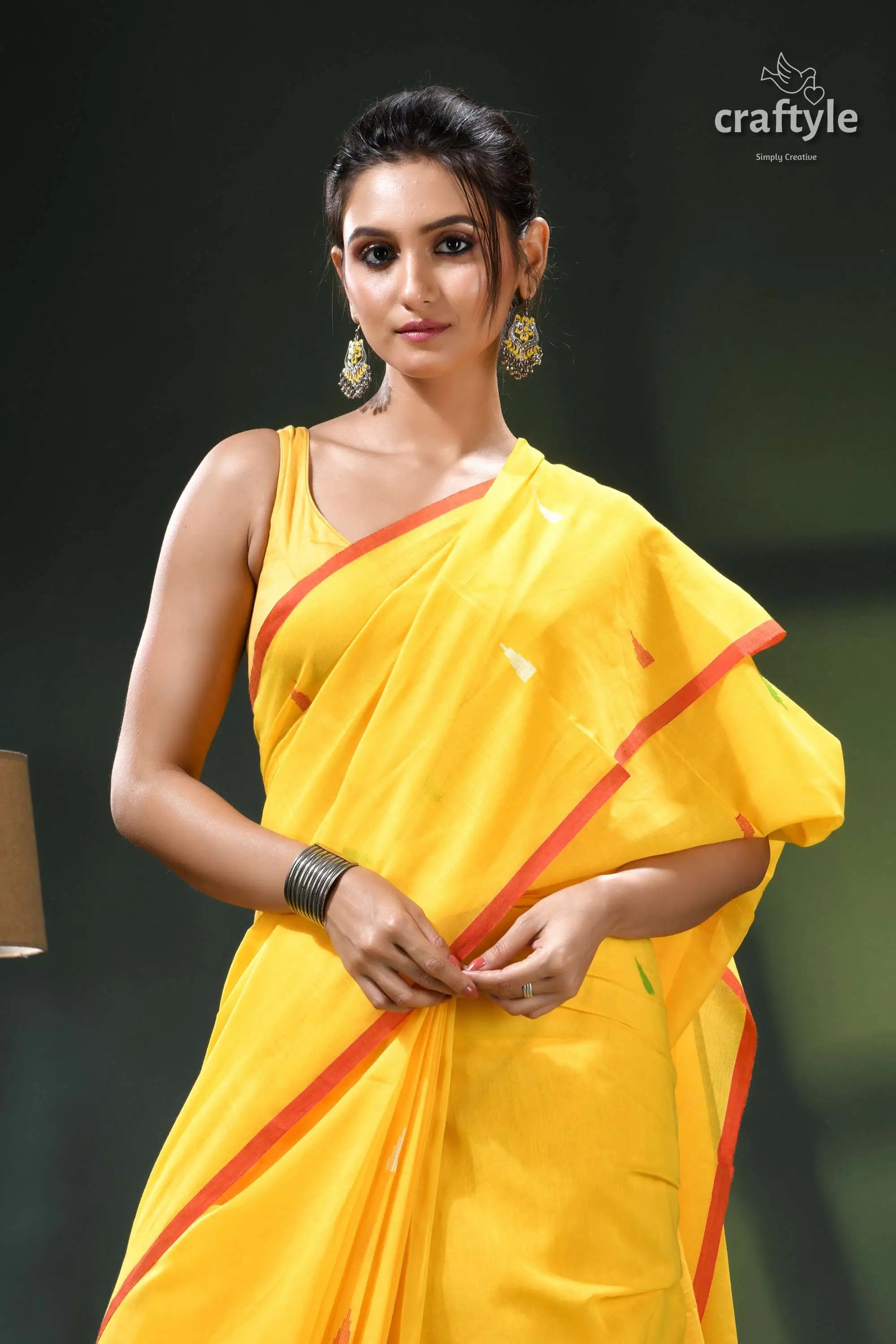Tangerine yellow artisanal soft cotton jamdani sari - handwoven yellow saree orange border white 2