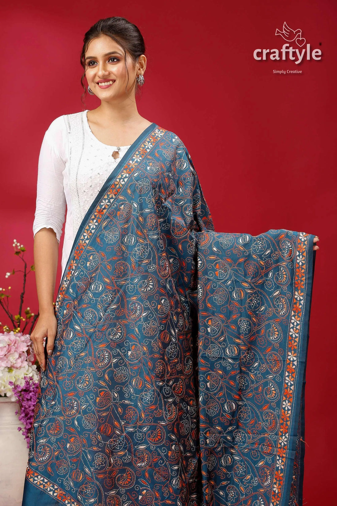 Teal blue hand embroidered silk kantha dupatta - multithread design blue paisley patterned saree white 2