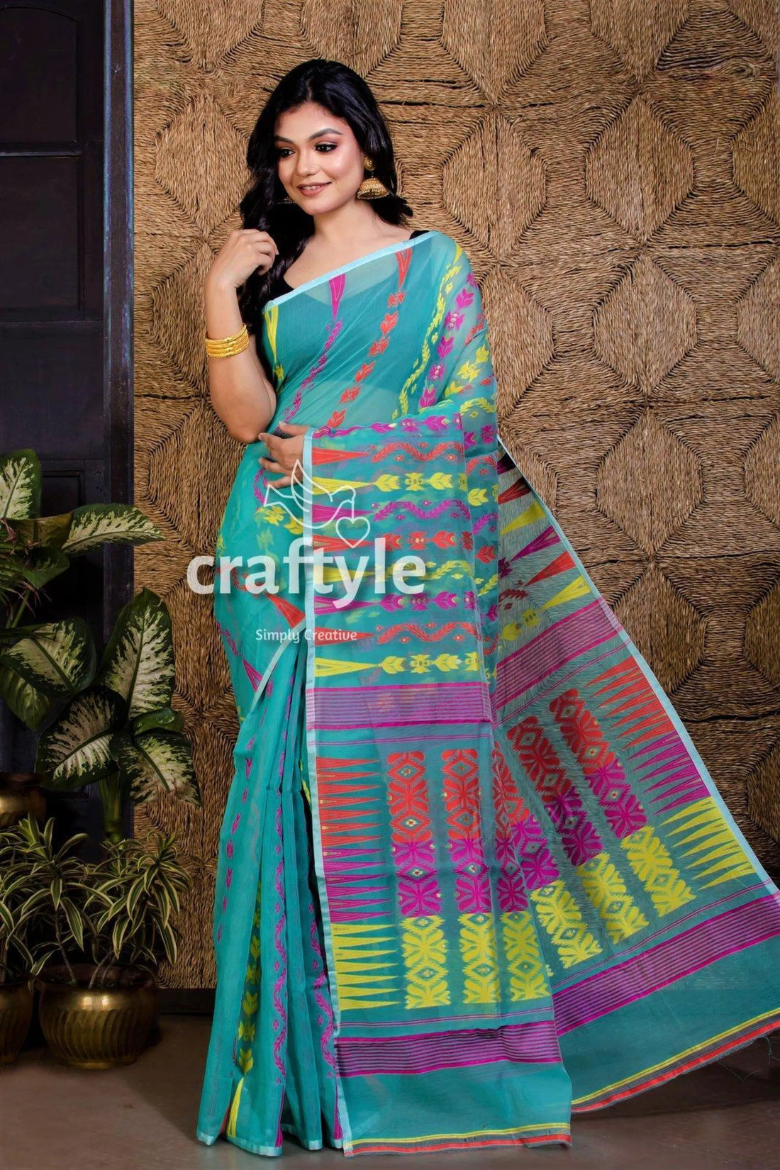Teal blue handloom jamdani saree woman colorful geometric 2