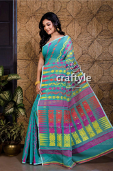 Teal blue handloom jamdani saree teal saree colorful geometric patterns 3