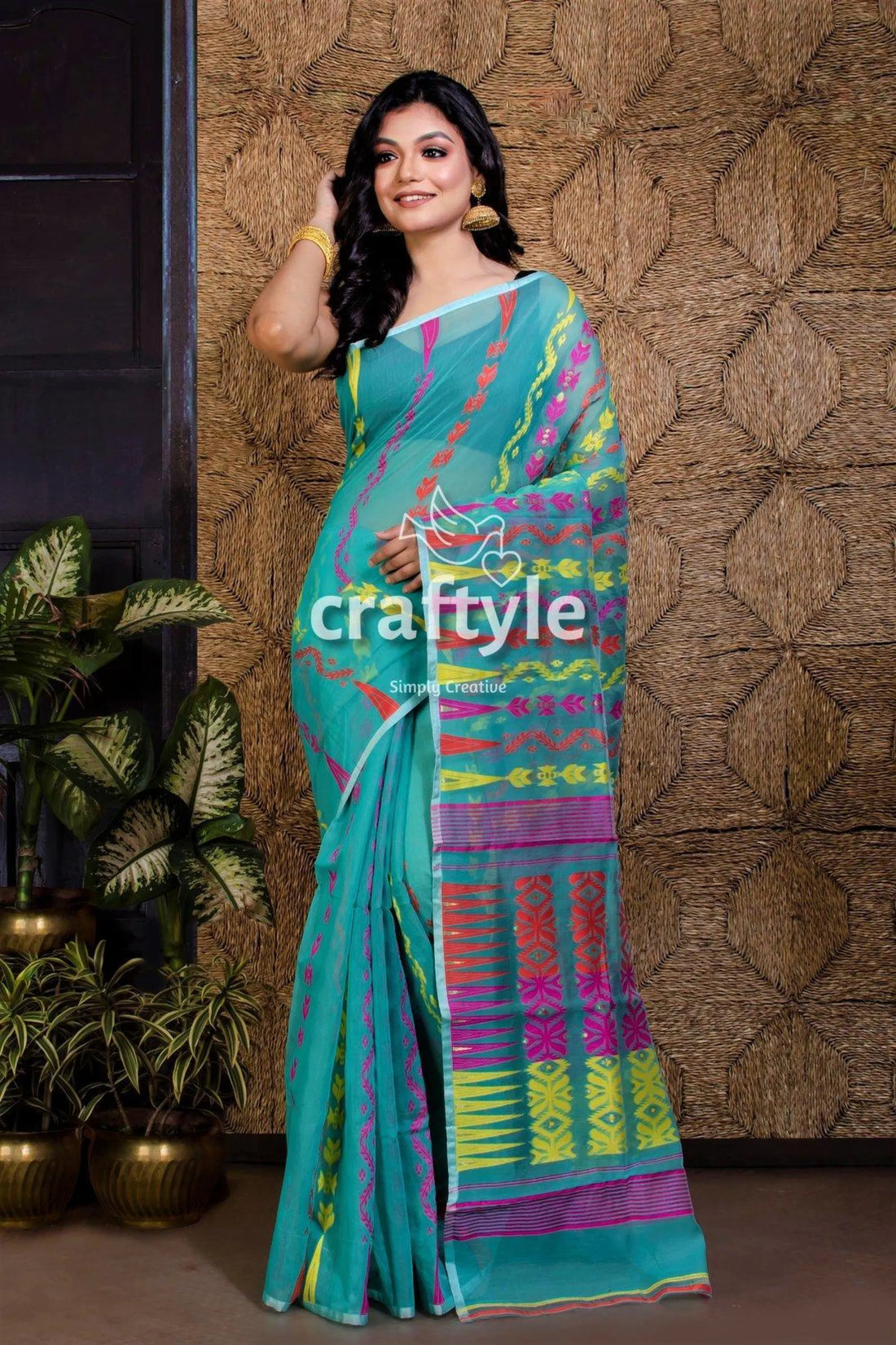Teal blue handloom jamdani saree colorful geometric patterns 1
