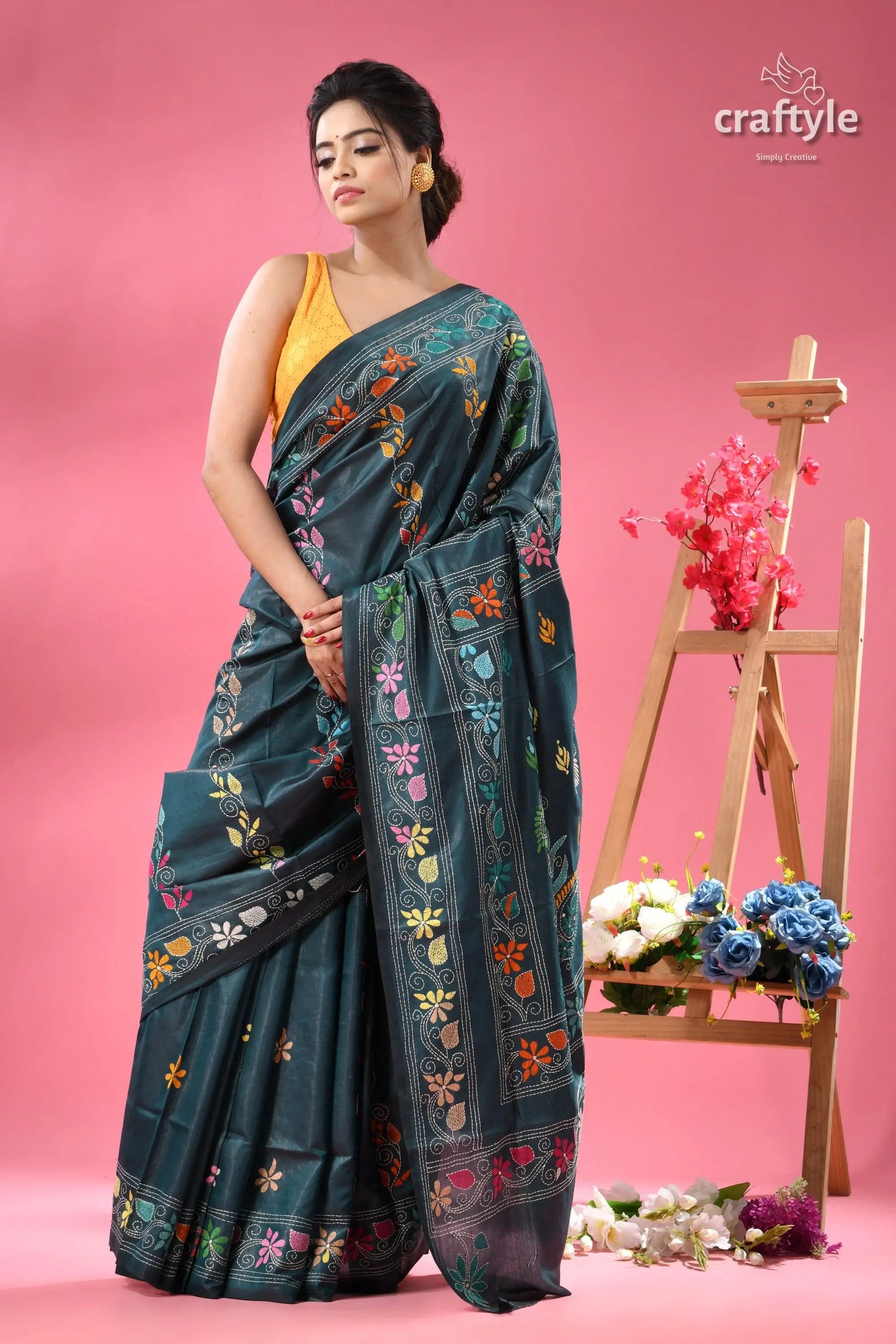 Teal blue multi thread silk kantha saree dark teal silk saree colorful 5