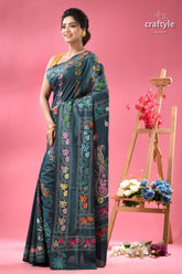 Teal blue multi thread silk kantha saree teal green saree colorful floral 3