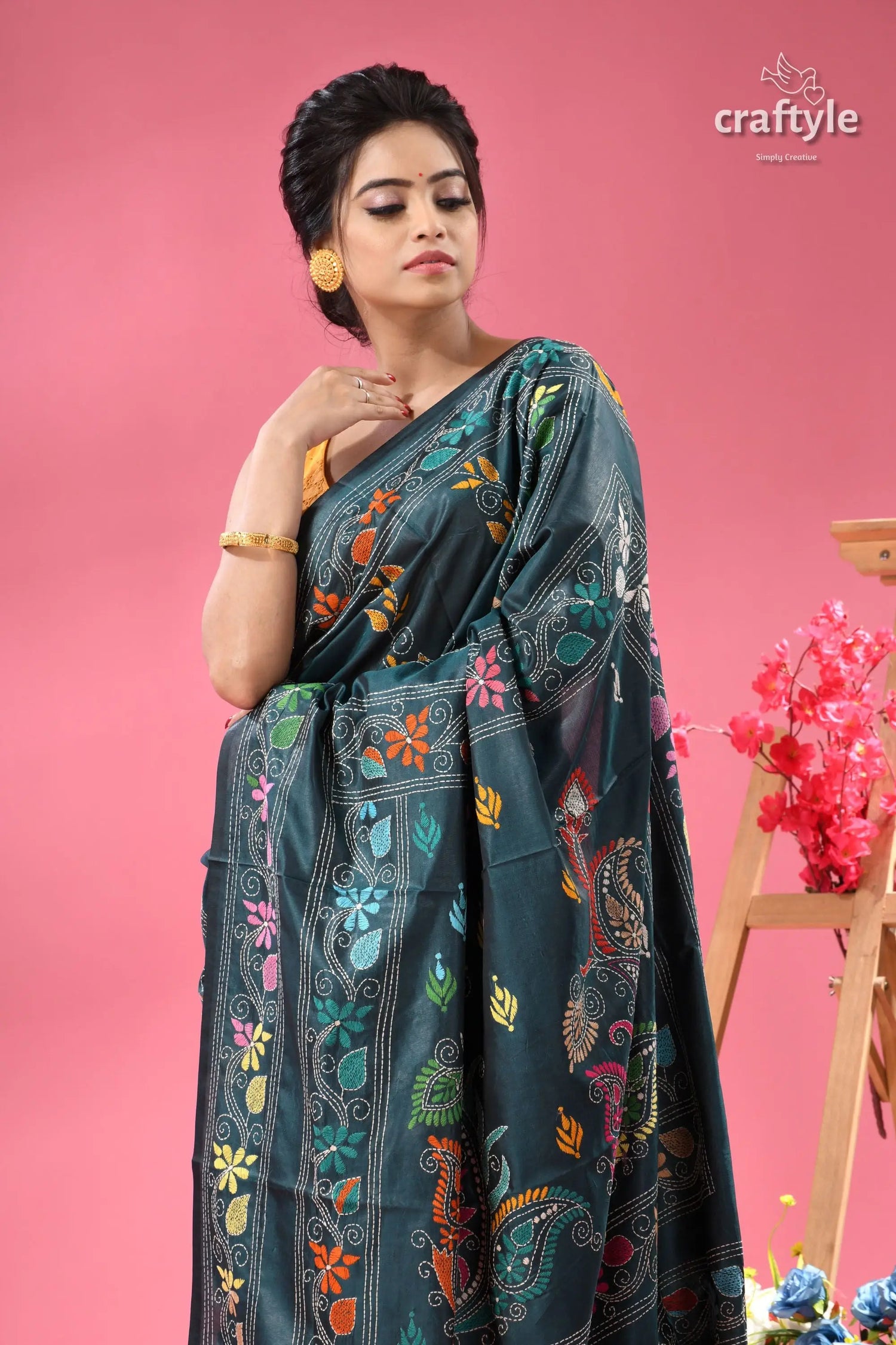 Teal blue multi thread silk kantha saree woman dark teal saree colorful 2