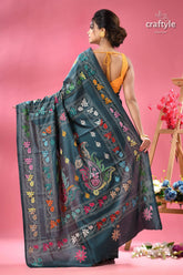 Teal blue multi thread silk kantha saree dark teal saree colorful floral 4