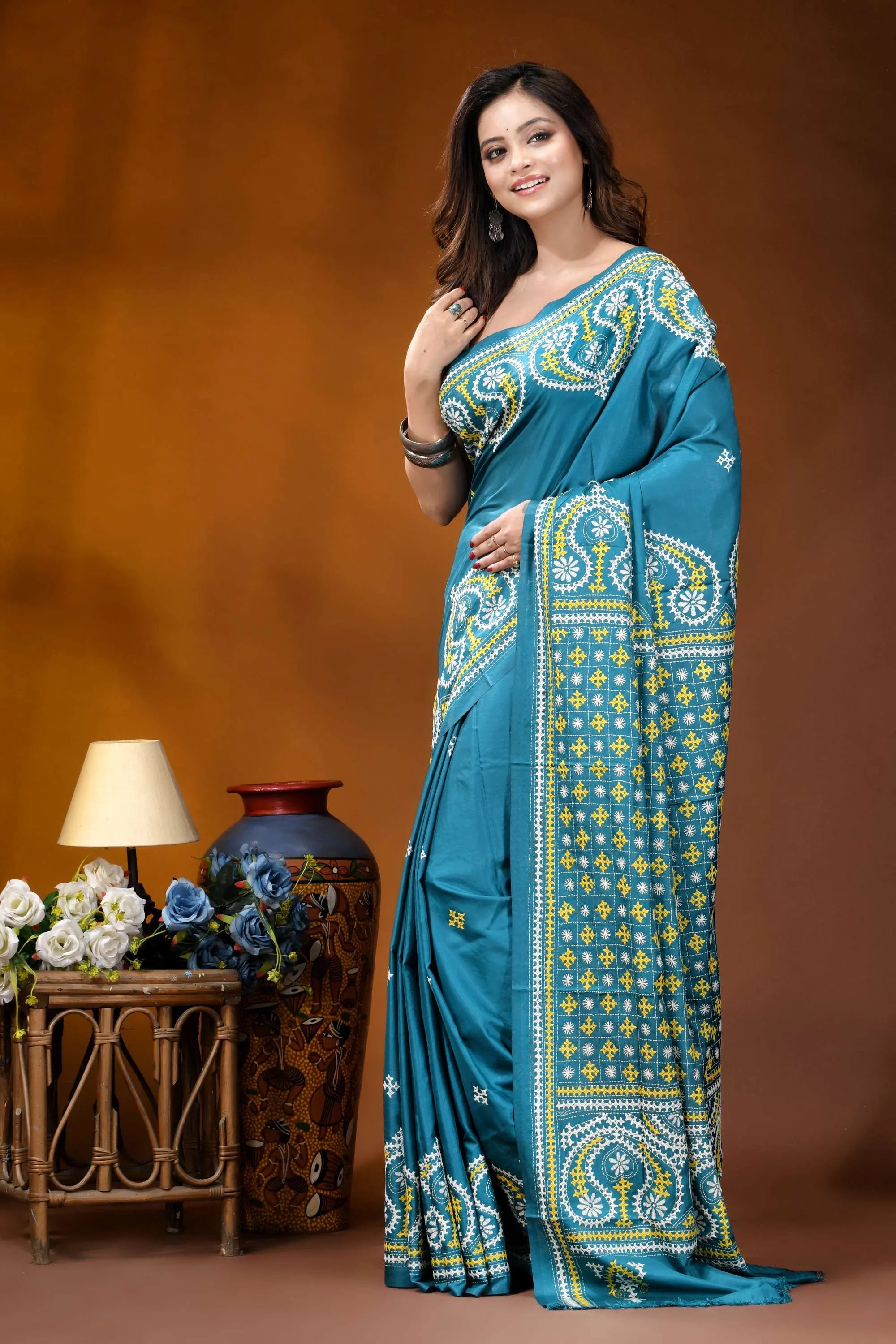 Teal blue multicolor paisley motif handcrafted kutch embroidered silk saree teal silk saree intricate white 3