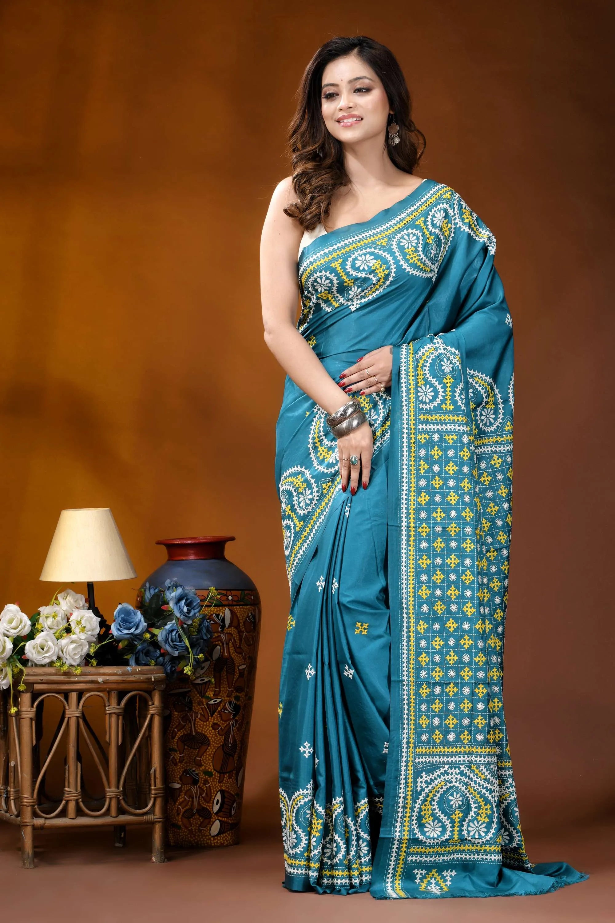 Teal blue multicolor paisley motif handcrafted kutch embroidered silk saree teal silk saree intricate paisley 7