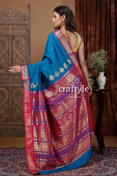 Teal blue silk bomkai saree with zari border - elegant indian ethnic wear blue red silk saree 5