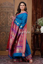Teal blue silk bomkai saree with zari border - elegant indian ethnic wear blue red silk saree 4