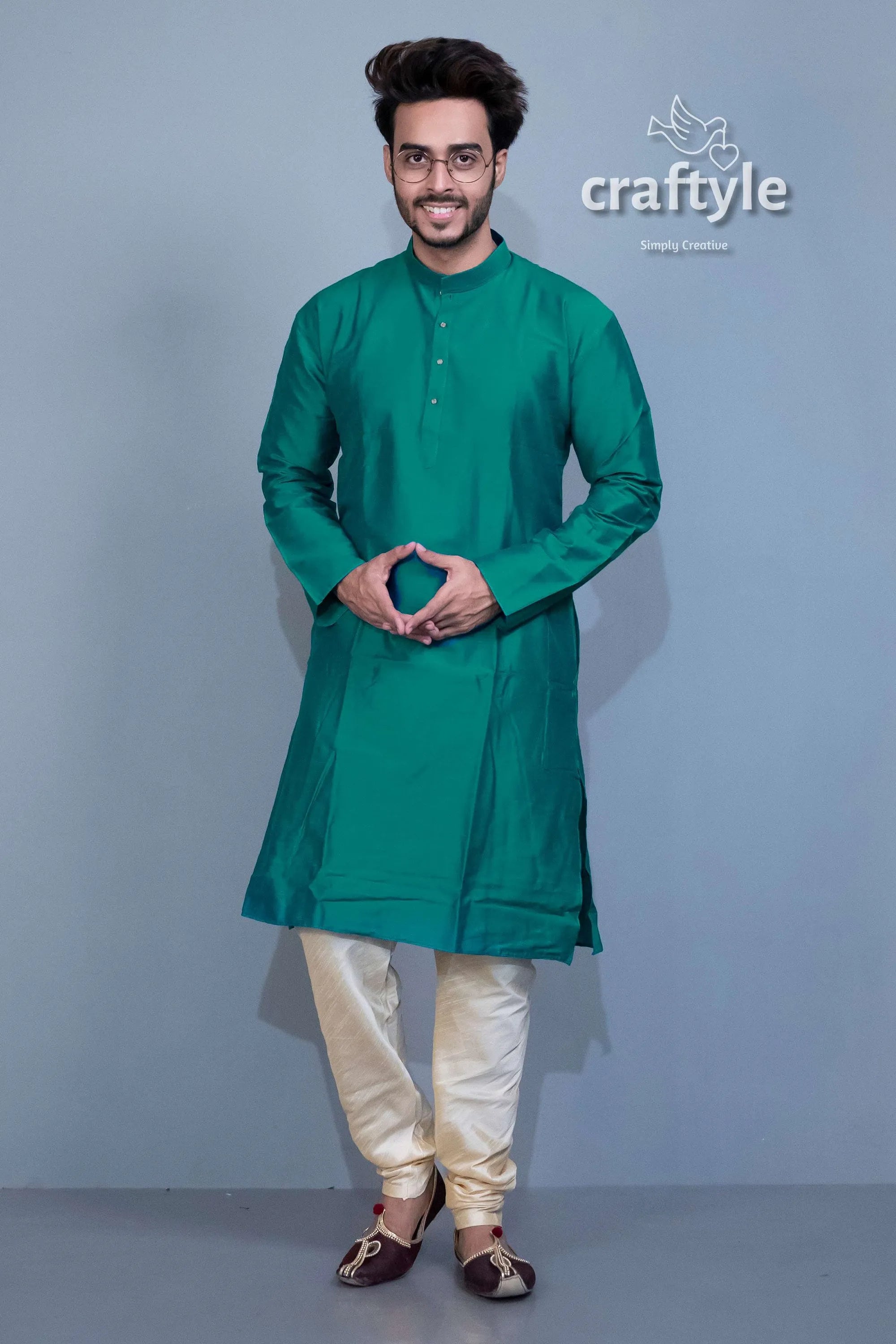 Teal green soft silk kurta - ethnic wear for men man green kurta cream pants 3