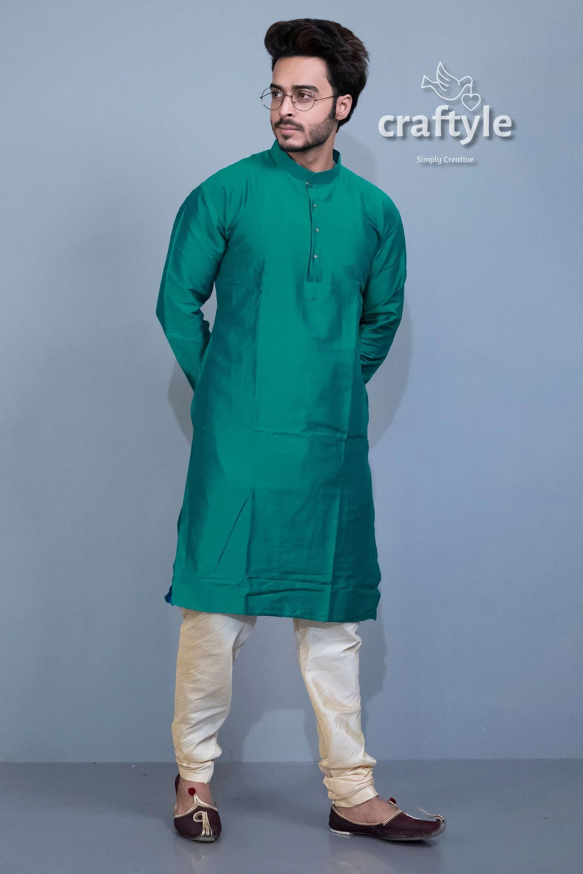 Teal green soft silk kurta - ethnic wear for men man green kurta cream pants 4
