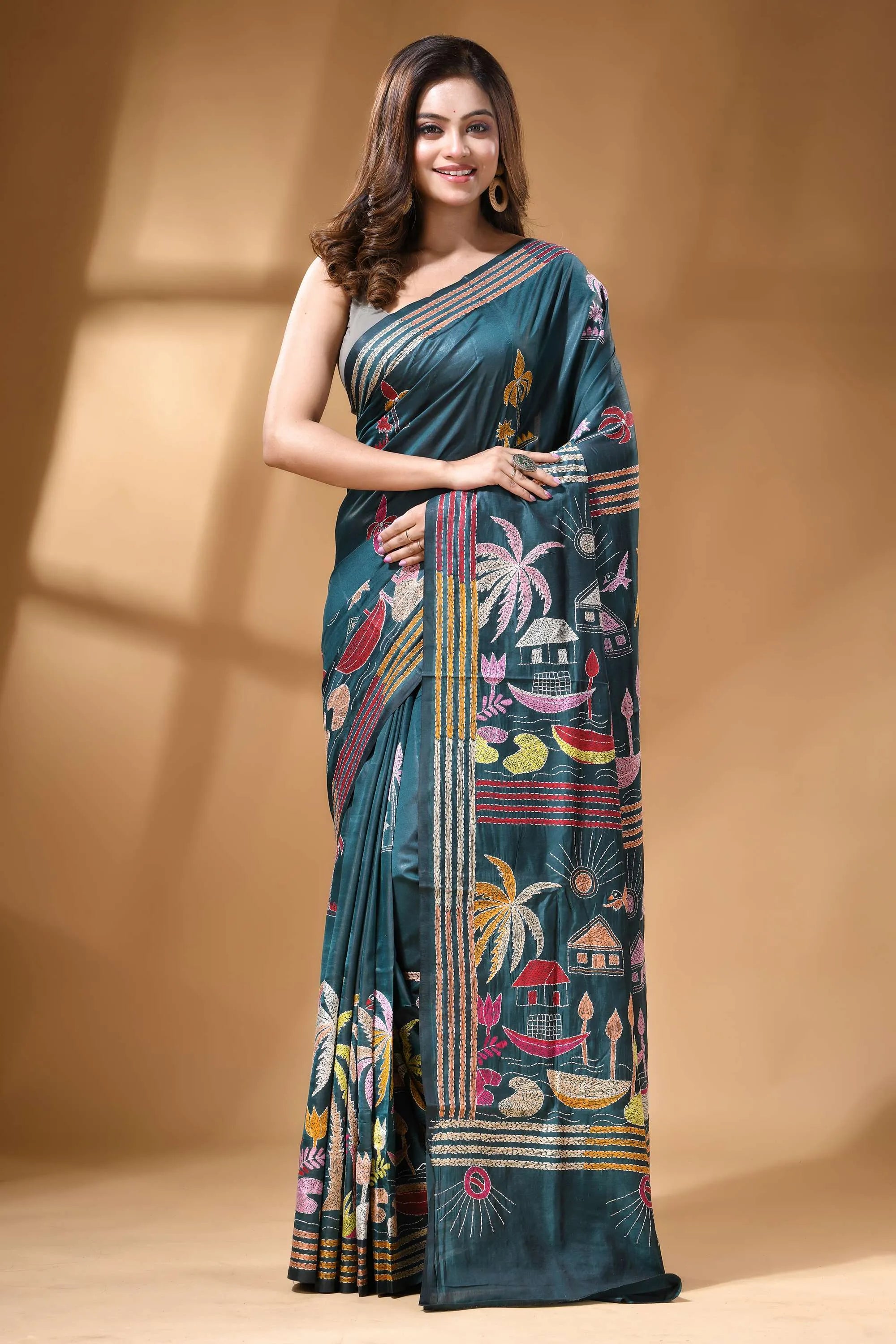 Teal green village theme multicolor silk kantha work saree teal silk saree intricate embroidered 1