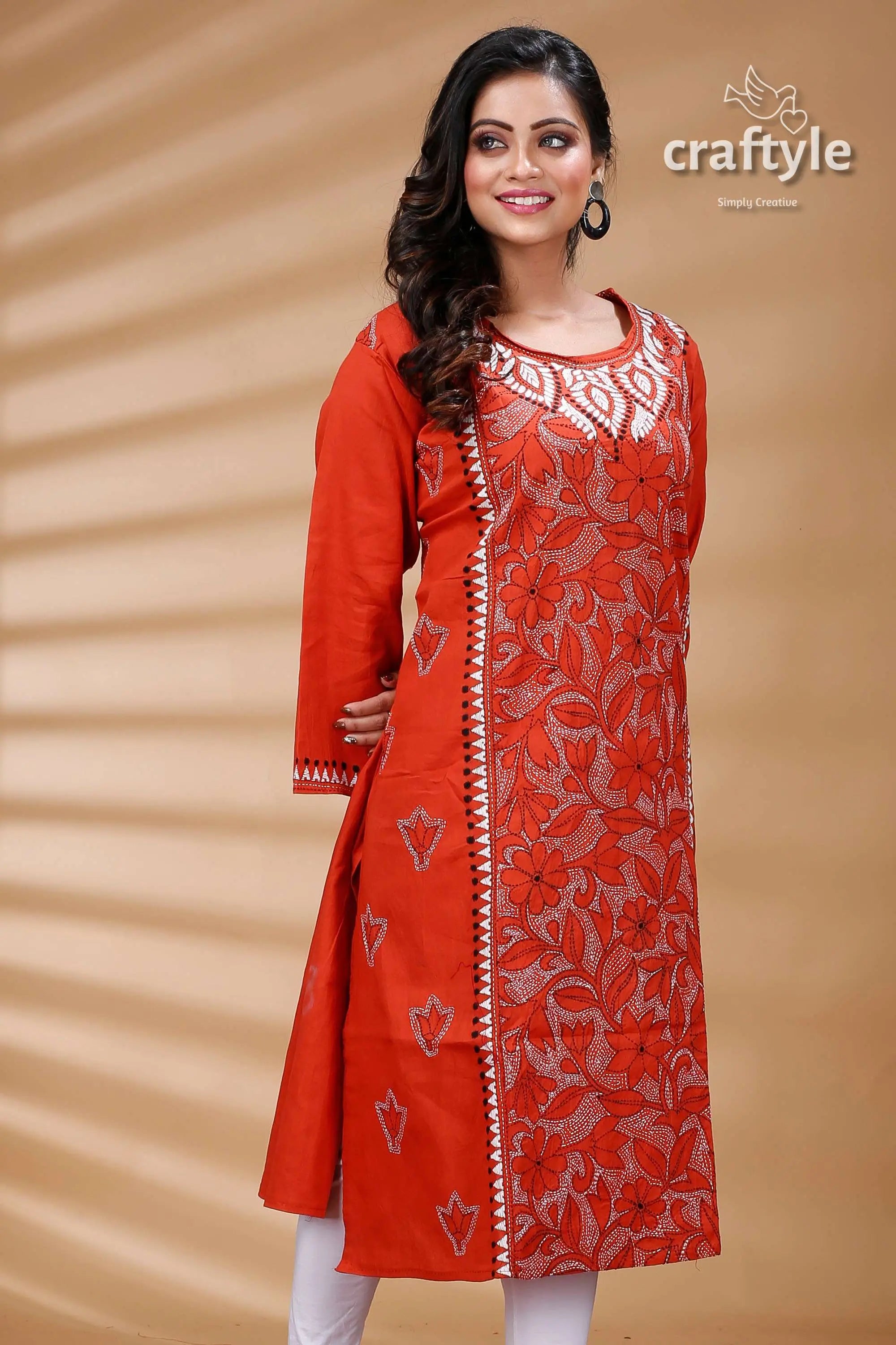 Terracotta color reverse kantha cotton kurti for women orange embroidered kurta 4