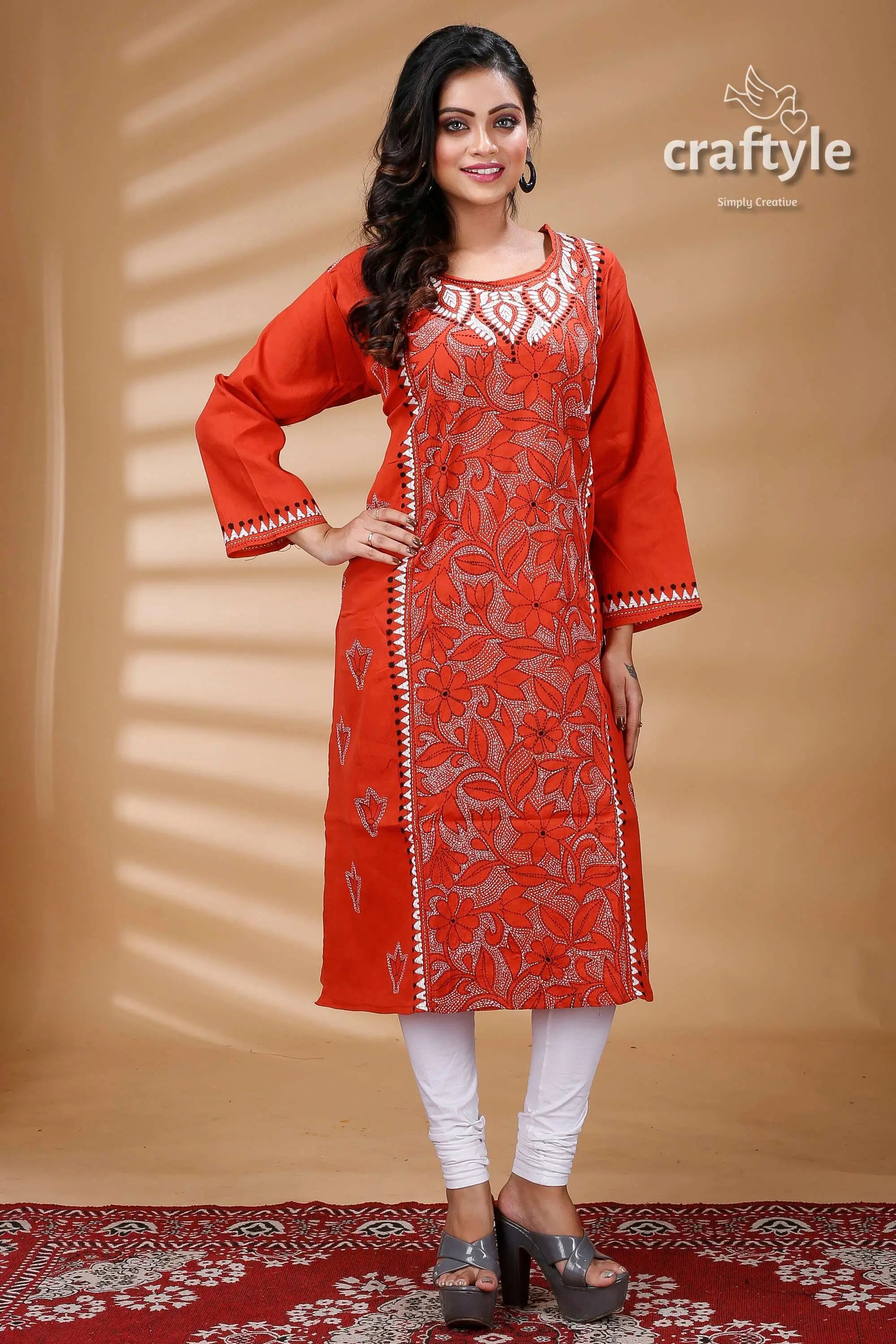 Terracotta color reverse kantha cotton kurti for women orange embroidered kurta 1