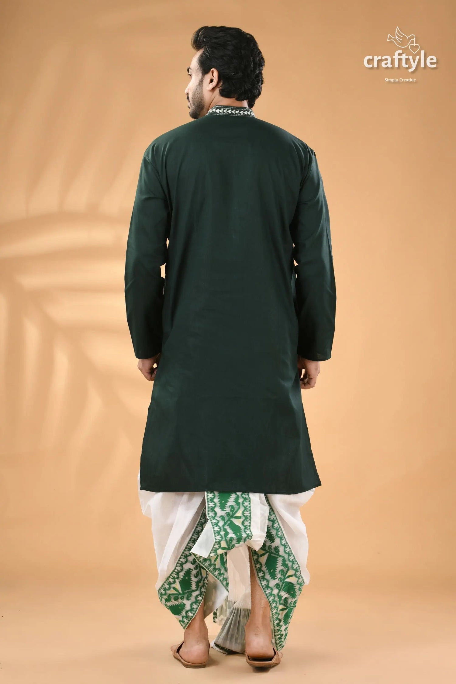 Tiber green exquisite kantha stitch cotton kurta for men men’s dark green kurta white 6