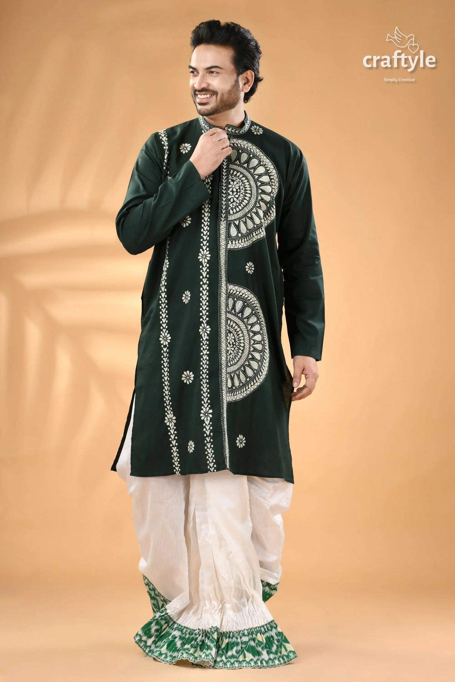 Tiber green exquisite kantha stitch cotton kurta for men men’s dark green embroidered kurta 3
